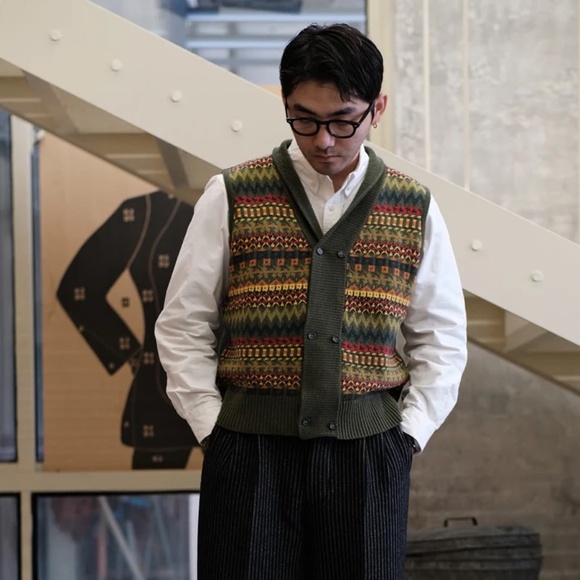 Labour Union Fair Isle Lambswool Sleeveless Shawl Collar Cardigan Size 40 NWT - Picture 2 of 6